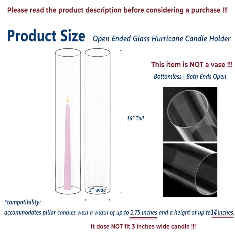 CYS EXCEL 6 PCS (H:16" D:3") Open Ended Clear Glass Hurricane Candleholder Tube Lamp Shade Open Flame Candlestick Holder Chimney Tube Cover Bottomless Cylinder - Image 2